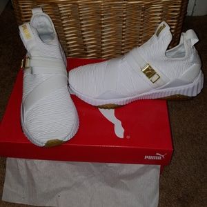 puma defy varsity mid white & gold shoes